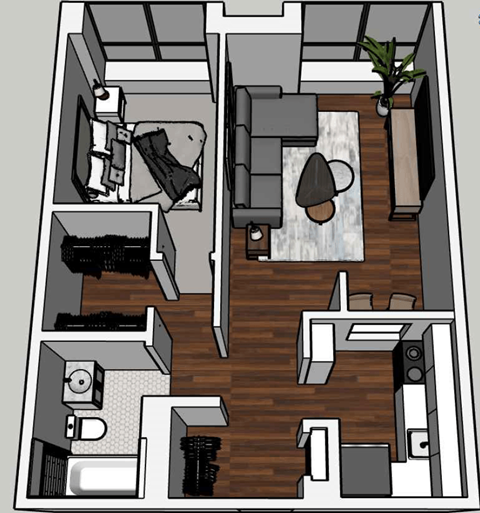 A drawing of a house plan with a living room, kitchen, and bathroom.
